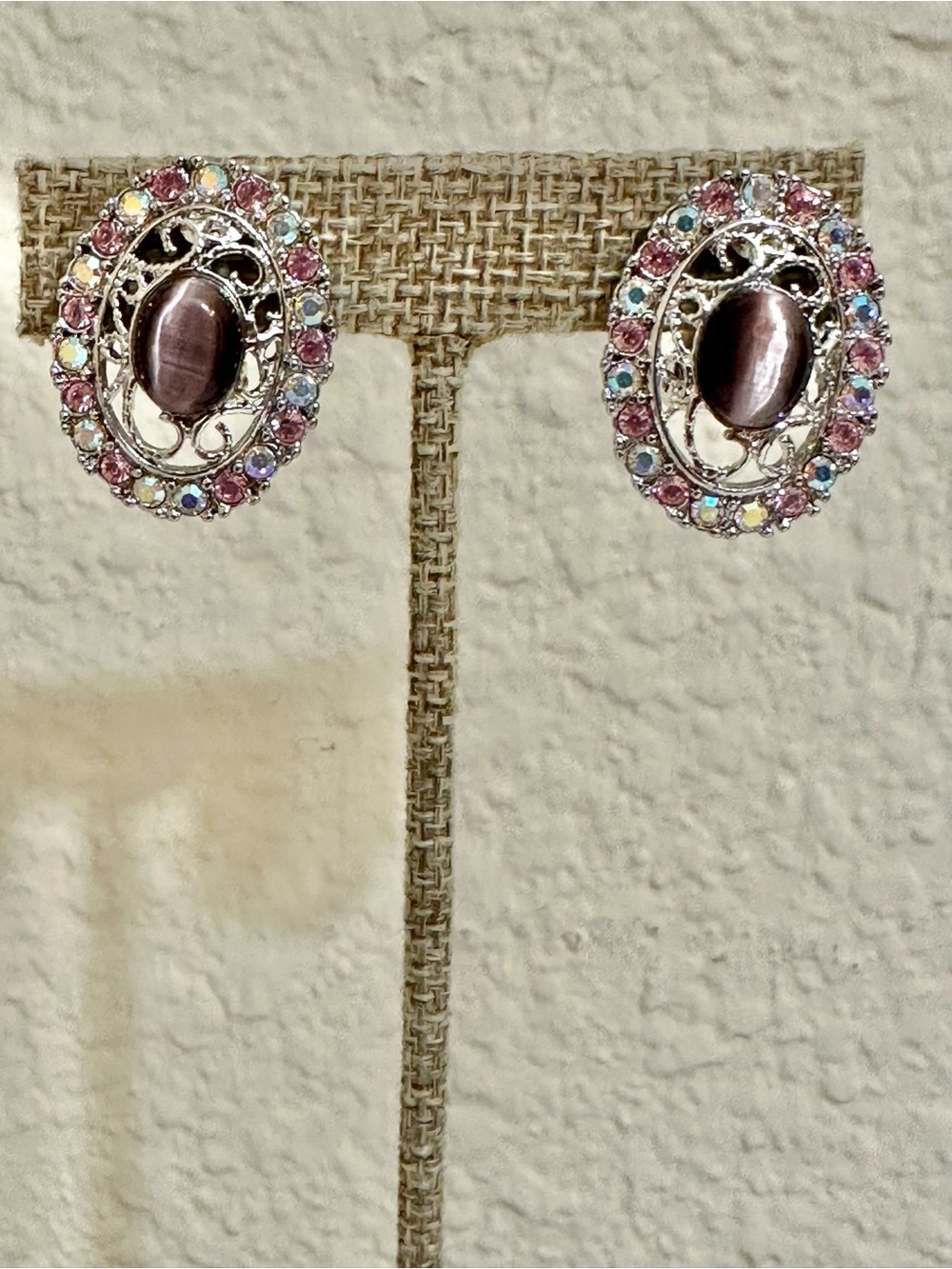 Vintage Silver Plated Oval Pink Multicolor Crystals w/ Purple Cats Eye Earrings